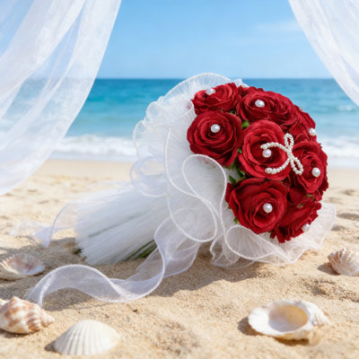 Bouquet de mariée en polyester rose - Bouquet de mariée / demoiselle d'honneur de mariage artificiel de 12 pouces avec poignées en ruban