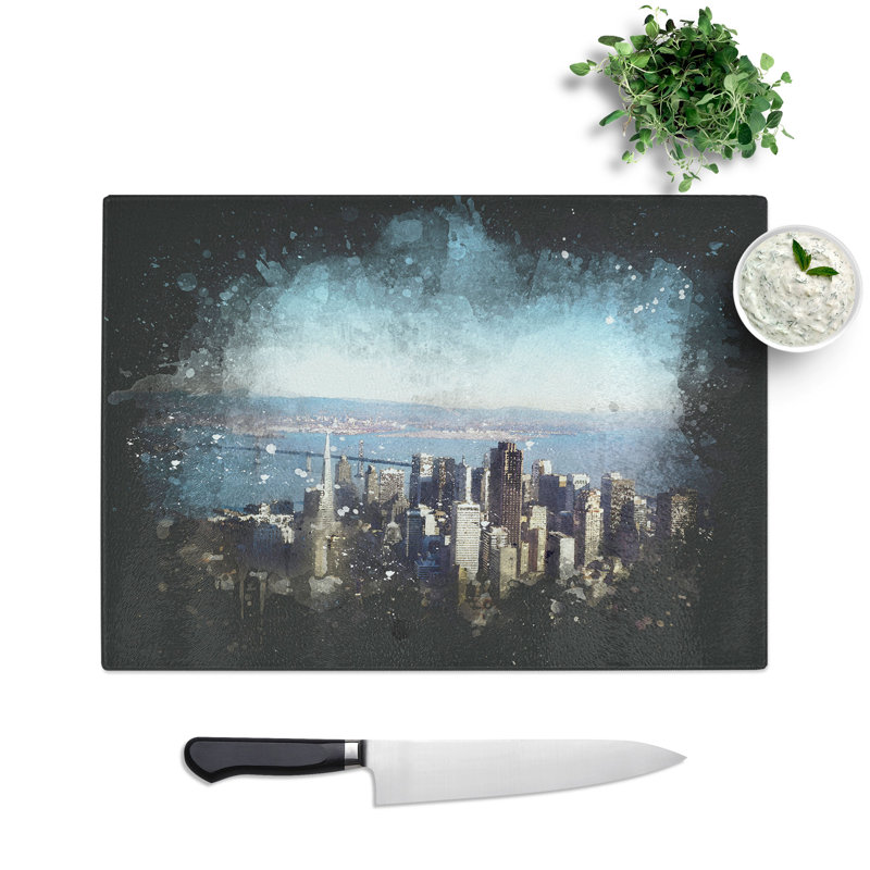 Tempered Glass View of San Francisco Paint Splash Chopping Board, 28.5 cm x 39 cm