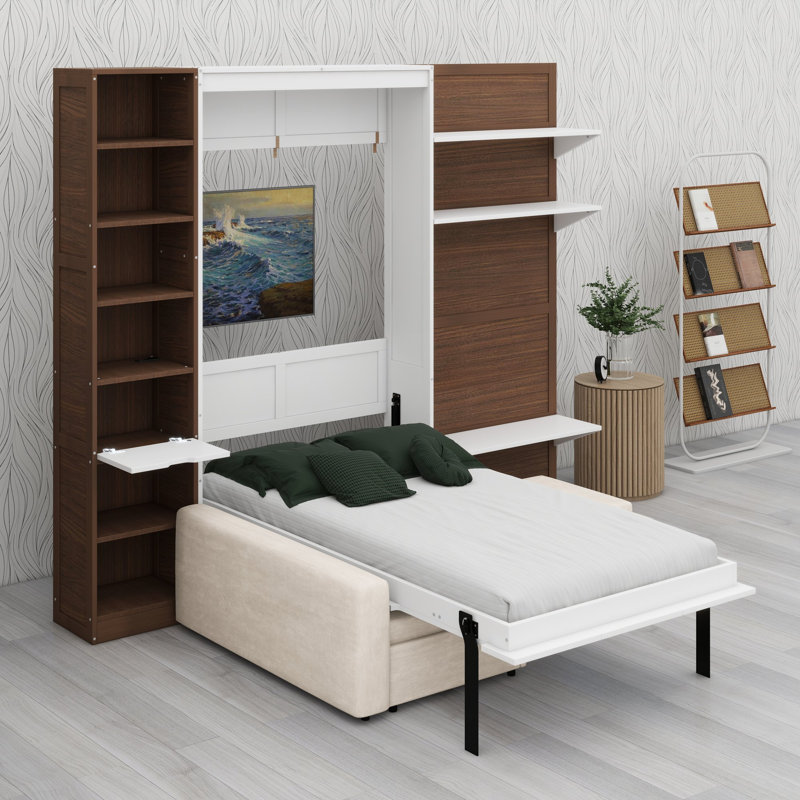 Le lit escamotable avec façade canapé et rangement intégrés optimise l'espace dans les chambres d'hôtes et les studios.