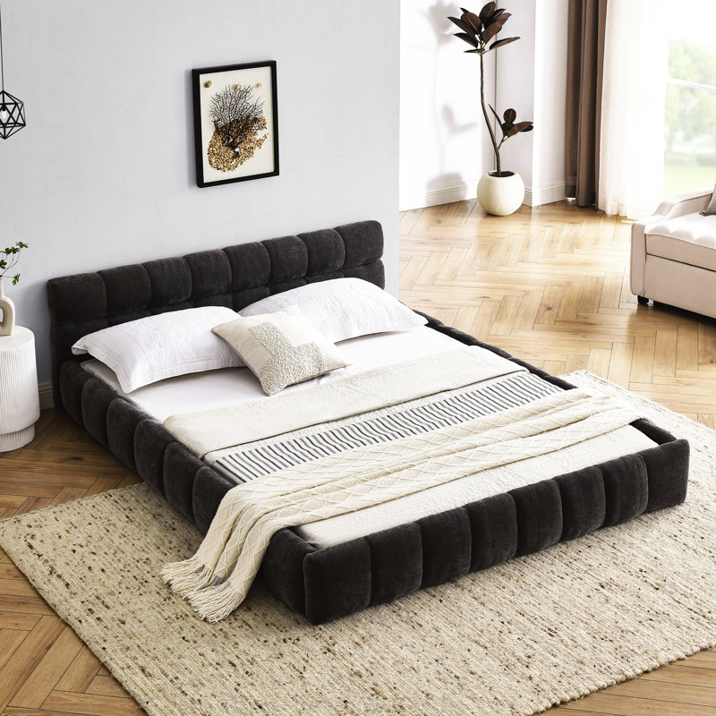 Upholstered Queen Size Bed In Dark Grey, Chenille, Solid & , No Box Spring Required For Bedroom Chenille Fabric, Stable Use