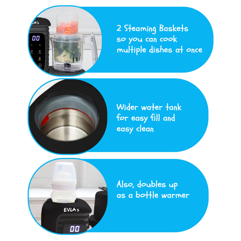 EVLA's Dark Grey Electric Baby Food Processor with Steaming Baskets