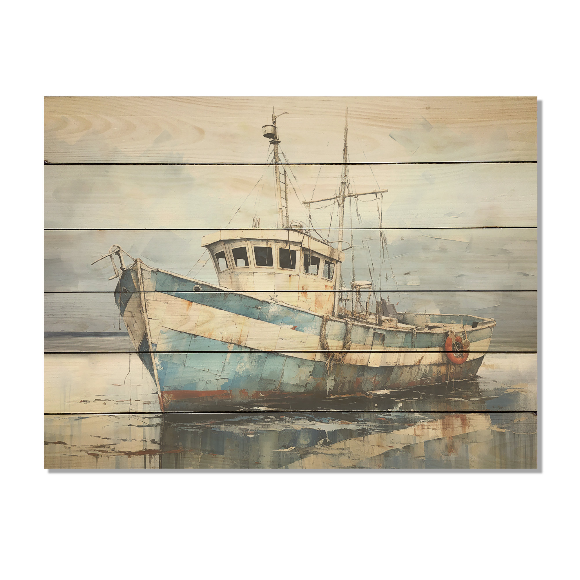 Breakwater Bay Blue And White Fishing Boat - Coastal Boat Wood Wall Art ...