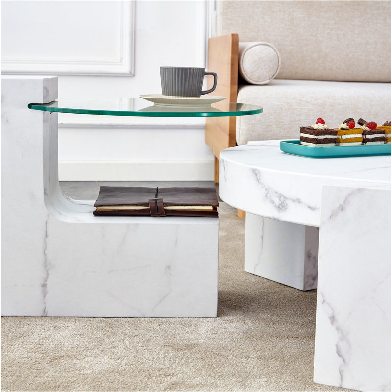 Une table basse moderne, tendance et durable en bois aggloméré texturé avec une table d'appoint. S'agence à plusieurs scènes. Convient au salon et à la chambre à coucher.