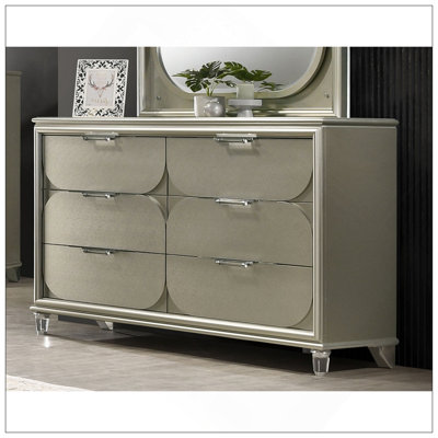 Contemporary Silver 1Pc Dresser Acrylic Handles Embossed Panels English Dovetails 6-Drawers Dresser
