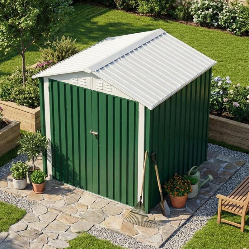 6 ft. W x 4 ft. D Outdoor Metal Storage Shed with Sloping Roof & Double Door, Green, Green
