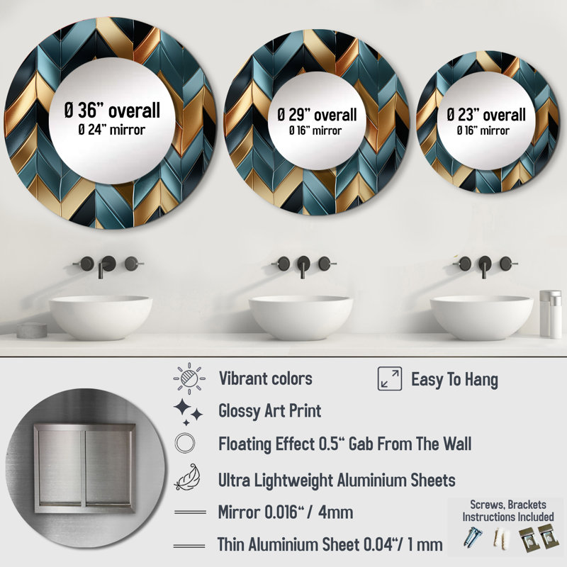 Ruzgar Metallic Chevron Elegance Patter - chevron  Decorative Wall Mirror, Glam Round Mirror, Printed Metal Art, 23" x 23"
