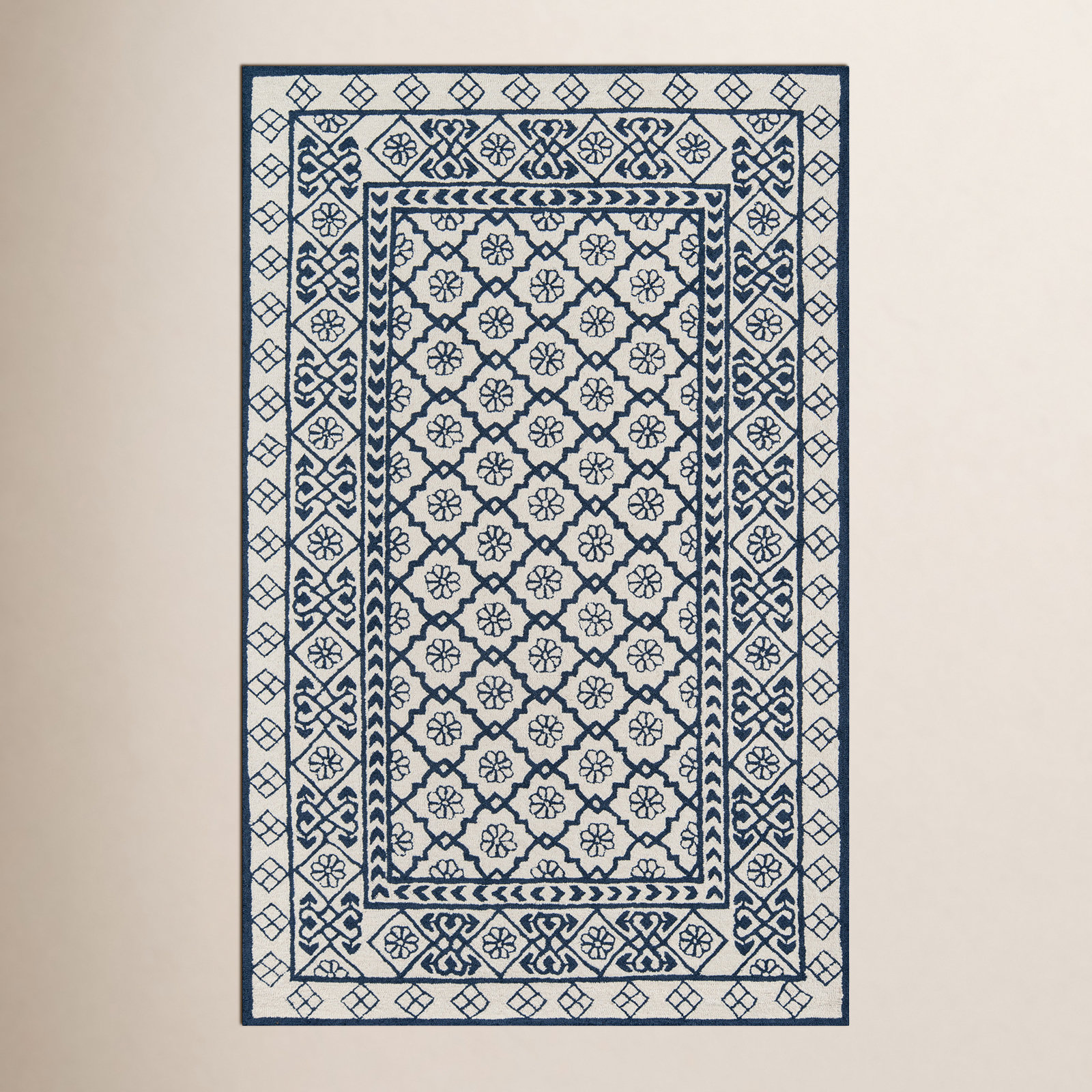 Agathe Blue White Hand-Tufted Wool Floral Rug, Rectangle 3'9" x 5'9"