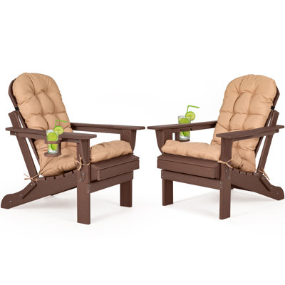 Folding Adirondack Chairs Set Of 2 With Cushion, Hdpe Oversized Patio Chair Weather Resistant