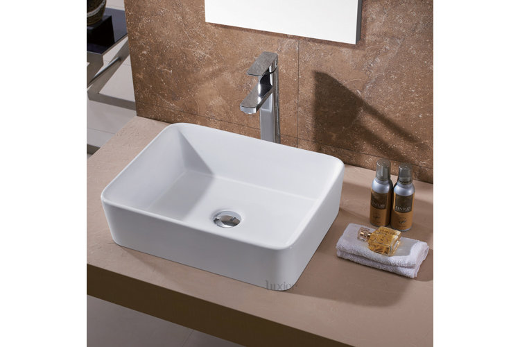 Glossy White Ceramic Rectangular Vessel Bathroom Sink