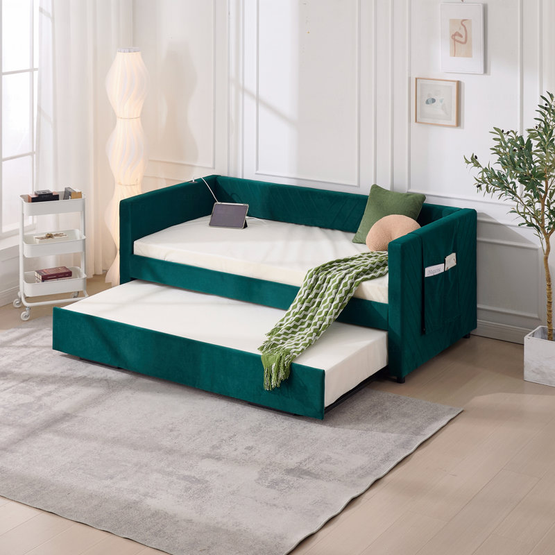 Upholstered Trundle Daybed, Twin Size,USB Port,Side Pockets, Modern V-Grained Backrest Design,No Box Spring Needed, Emerald