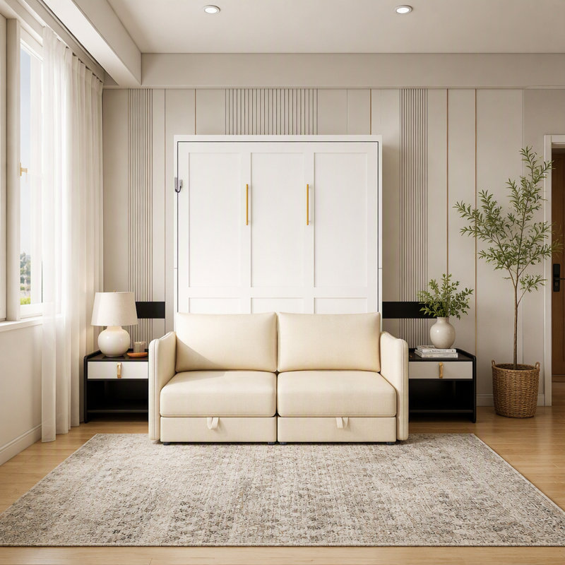 Murphy Bed, Queen Size Murphy Wall Bed With Sofa For Living Room, Metal Bed Frame