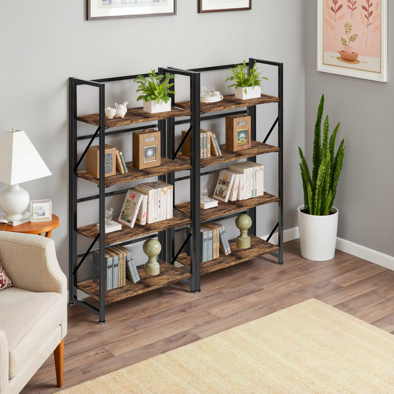 Bibliothèque pliable à 4 niveaux avec structure en métal, étagères de rangement sans assemblage et support pour plantes