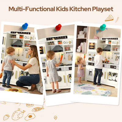 Cuisine de jeu en bois pour enfants, ensemble de cuisine pour tout-petits avec machine à glaçons, cuisinière à gaz Sounding et 10 accessoires et plus, cadeau de cuisine de jeu pour enfants de 3 ans et plus, blanc