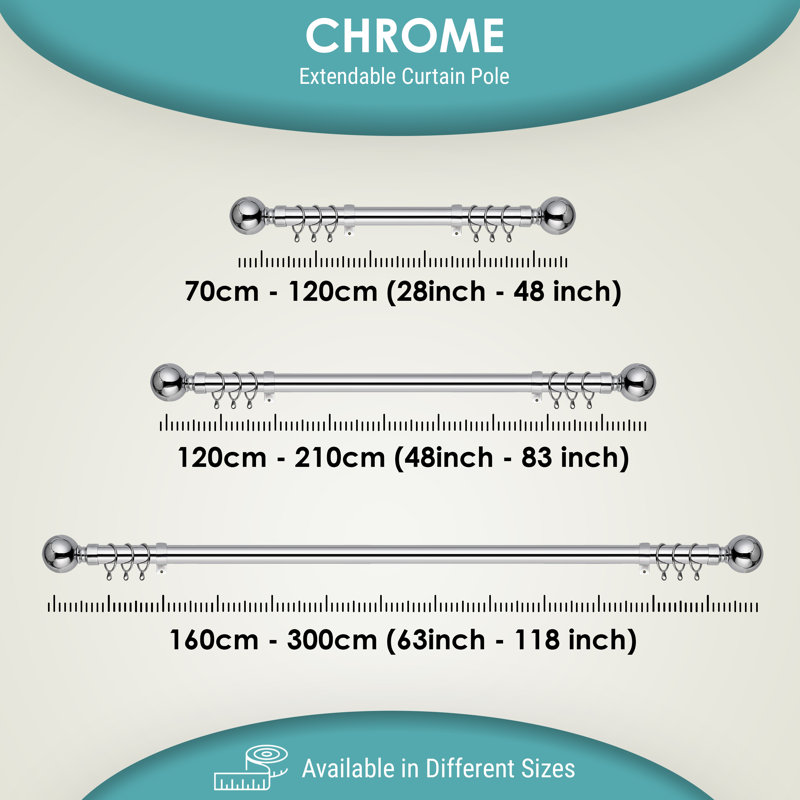 Plain Metal Ball Extendable Single Curtain Rod /Pole, 160-300 Cm, Brushed Silver