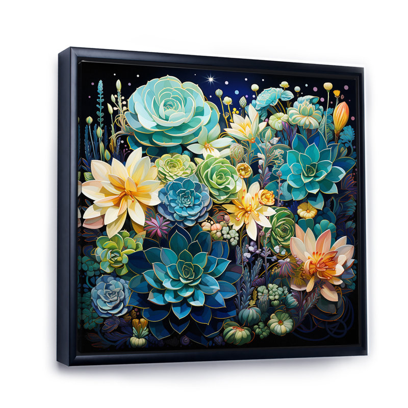 Teal Succulent Serenade - Floral Canvas Art Print, Cadre flottant noir, H 16 po x l 16 po x P 1 po