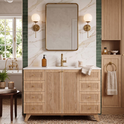 47.56" Transitional Bathroom Vanity with 8 Drawers & Integrated SMC Sink, Fluted MDF Cabinet, Natural