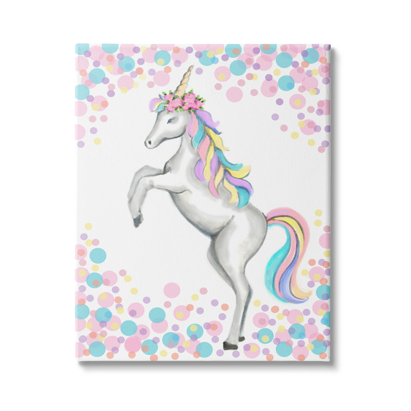 «Kids Unicorn», rose, bleu, mauve, pois, pour enfants - impression, Toile tendue, H 30 po x l 24 po x P 1,5 po