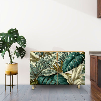 Sideboard Buffet Cabinet with Storage Seamless Tropical Leaf Design Earthy Green Watercolor Style with 2 Doors for Living Room and Kitchen