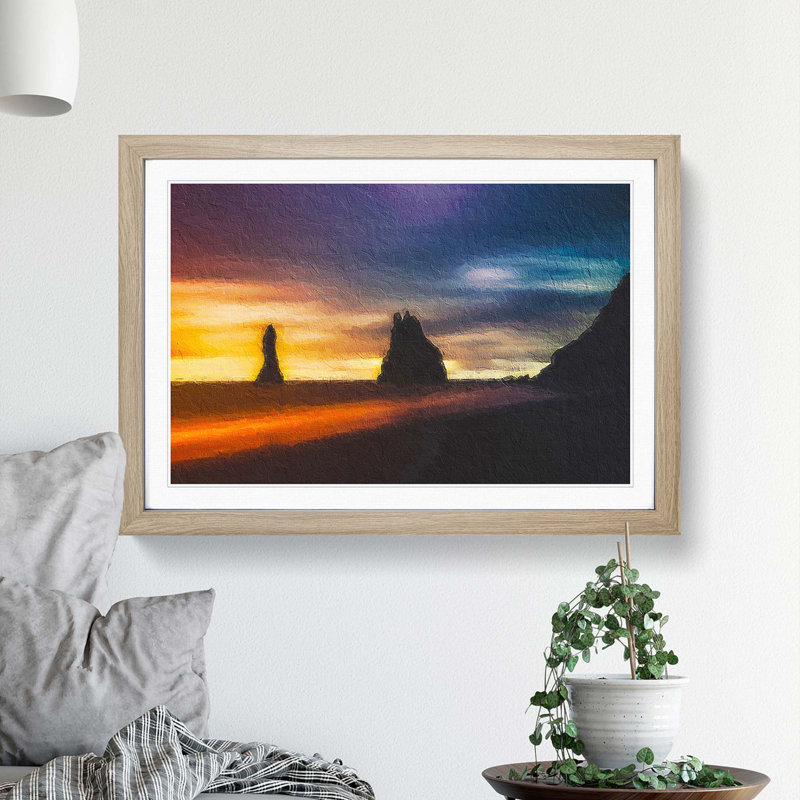 Beach In Vik Iceland - Single Picture Frame Painting, 45cm H x 63cm W x 2cm D, Oak Framed