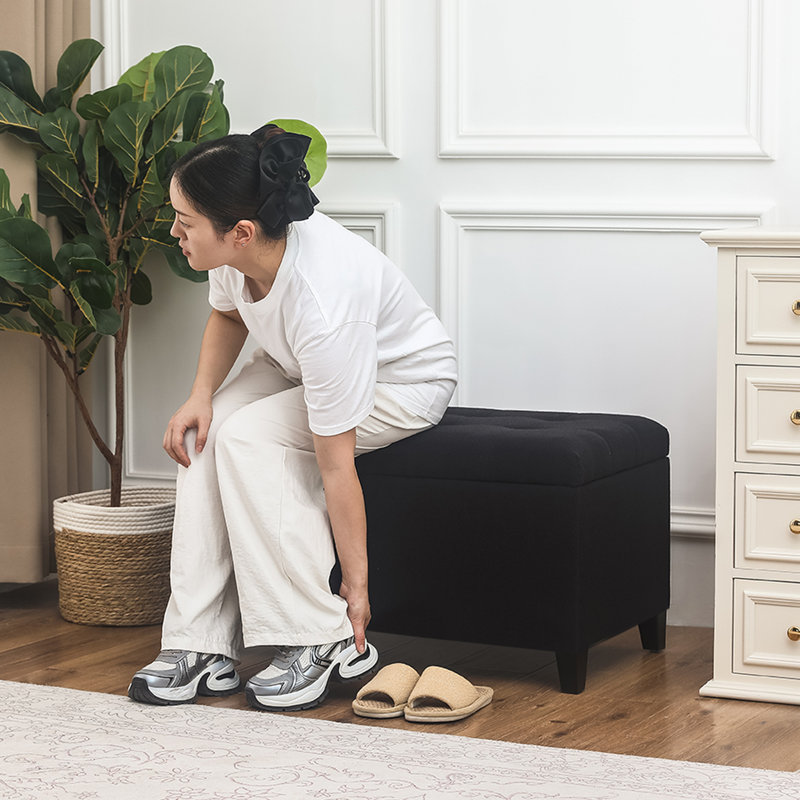 33 Inches Upholstered Storage Ottoman Bench, Black