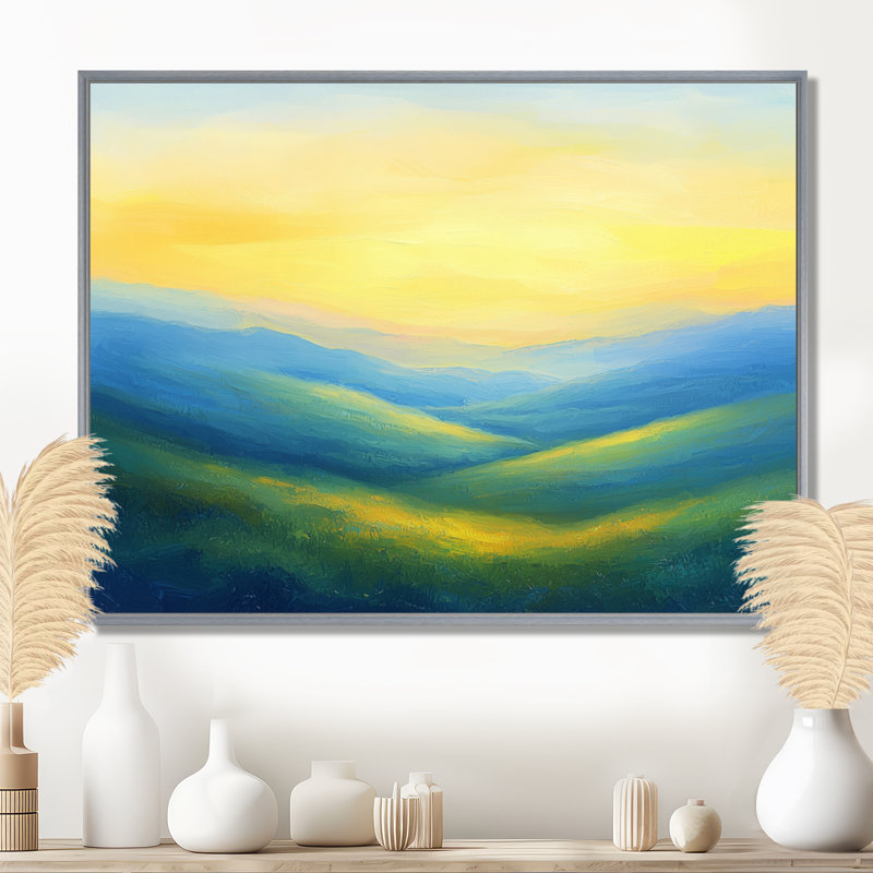 «Rolling Hills At Dawn IV», campagne, H 24 po x l 32 po, Cadre flottant, Argent argent