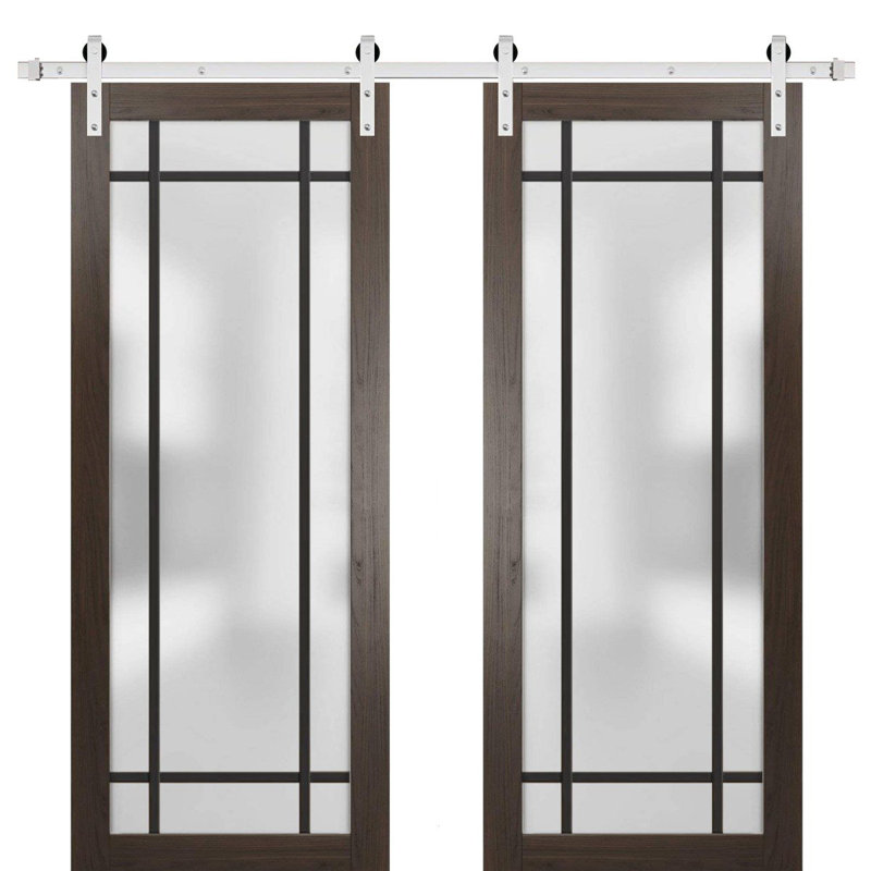 Porte de grange double robuste avec verre givré | Planum 2112 | Ensemble de cintres en métal argentés 13 pi | Portes intérieures modernes à panneau massif - Rail argenté