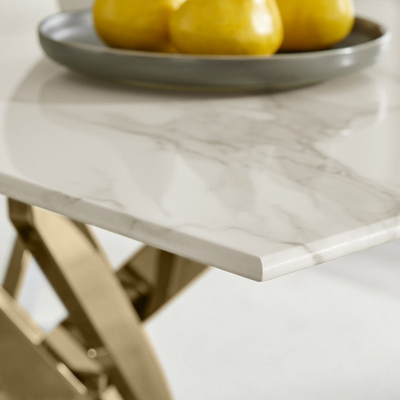 Lenworth Luxury Marble Effect Glass 4 Seater Dining Table - Modern Statement Design, Gold, White