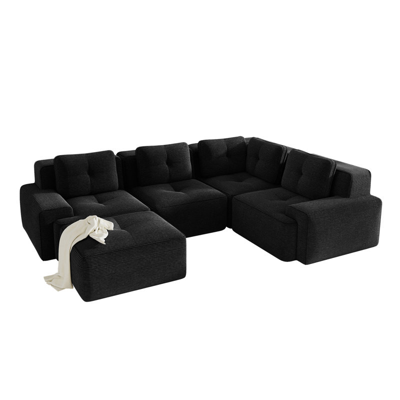 Ensemble de salon modulaire 4 places avec repose-pieds, canapé modulaire en velours côtelé profond, sans assemblage, noir
