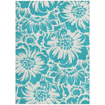 5' X 8' Teal and Ivory Floral Washable Non Skid Indoor Outdoor Area Rug