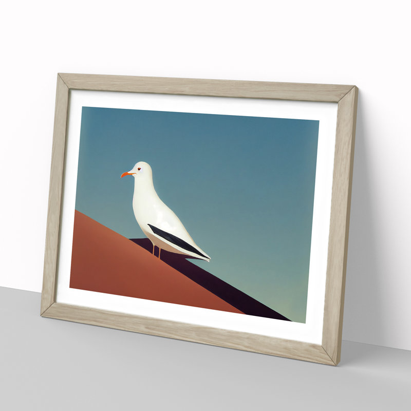Minimalist Seagull - Framed Print, 46cm H x 64cm W, Oak Framed