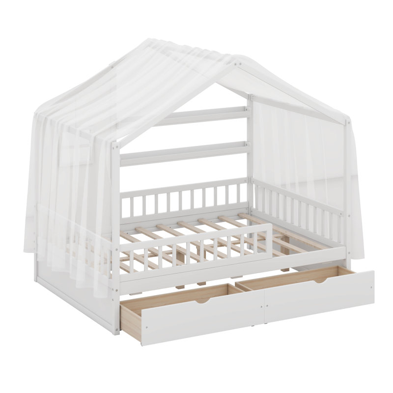Cadre de lit maison avec toit à baldaquin et rideaux, 2 tiroirs de rangement, 2 rangées de tablettes de rangement, barrières de sécurité, lit en bois