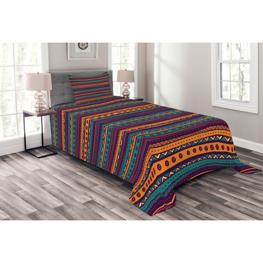 Gestepptes Bettdecken-Set, Retro Aztec Kunst, Gestreift, Teal Plum und orange