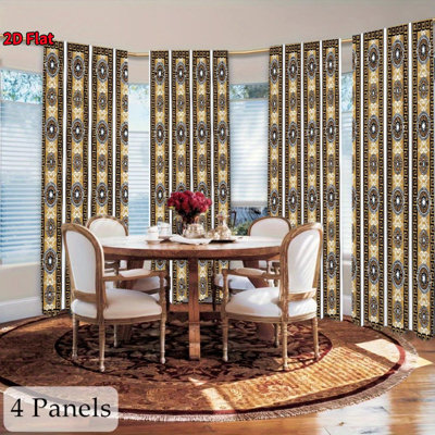 4Pcs Luxurious Gold & Black Greek Key Striped Pattern Curtains, Rod Pocket Installation, Digital Print Window Drapes, for Living Room, Bedroom, Dining, Kitchen, Home Decor