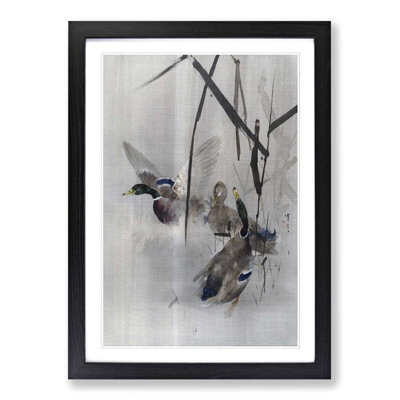 Ducks in the Rushes by Watanabe Seitei - Picture Frame Painting Print, Black Framed, 48cm H x 36cm W x 2cm D
