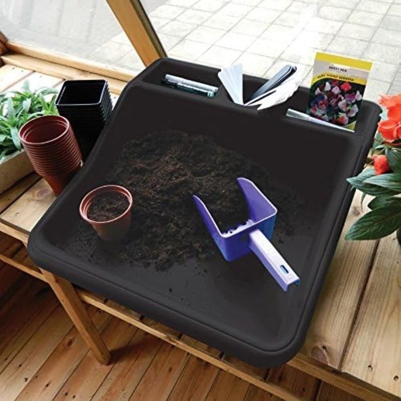  Plateau de rangement pour jardin compact avec tablette, 19 po x 19,5 po x 6 po, intérieur / extérieur avec tablette de rangement, plastique recyclé, noir