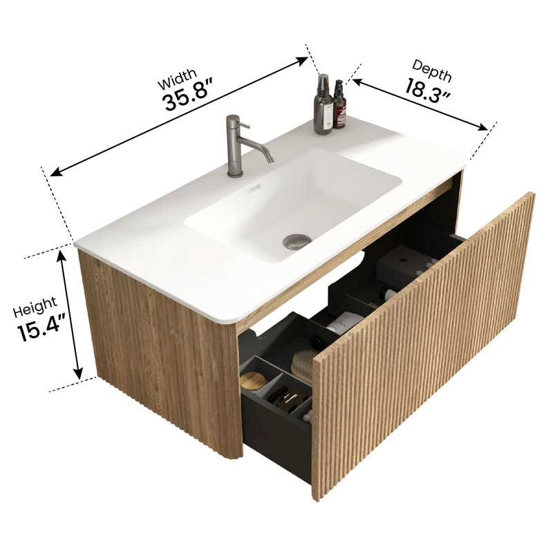 Meuble-lavabo mural simple avec comptoir avec trop-plein 36 po Hannemarie, Chêne brut, Matte White, 36"