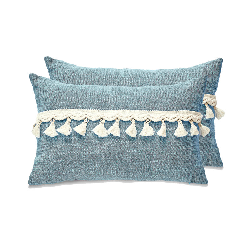 Housse de coussin à pompons My Cottage Home, Bleu