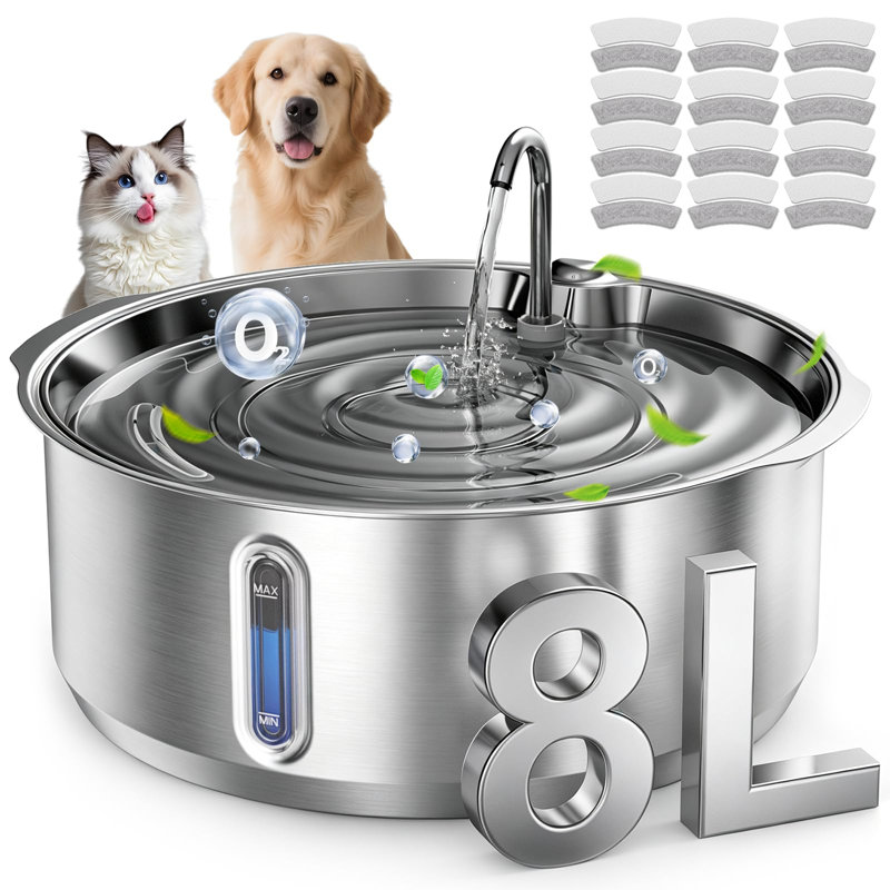 Fontaine à eau pour chats et chiens en acier inoxydable de 8 L avec filtration à 6 couches, ultra silencieuse, 1 Filter