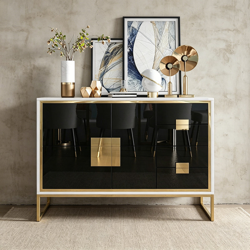 Buffet en verre trempé de style moderne, Gold/White/Black