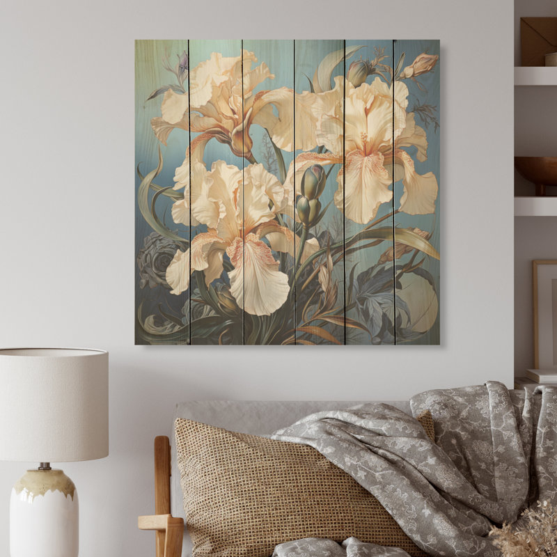 Iris baignant dans une aura argentée au clair de lune - Art mural en bois d'iris sur bois de pin naturel, H 30 po x l 30 po