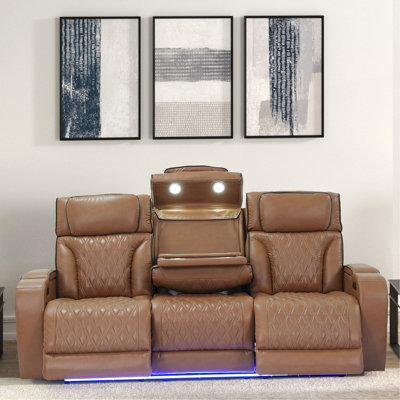 Canapé inclinable électrique en cuir brun clair Jazmina de 86 po avec repose-tête électrique, lumières DEL, table de chargement sans fil, ports USB et USB-C, rangement et porte-gobelets