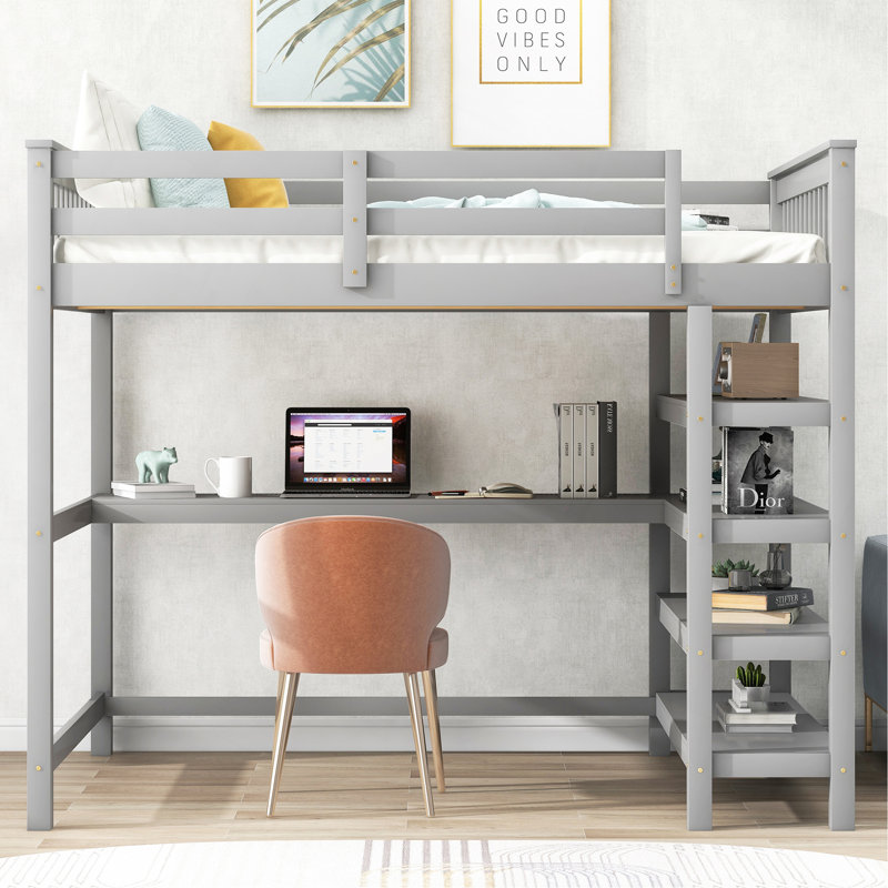 Lit mezzanine double avec tablettes de rangement et bureau sous le lit, Lit double, Gris