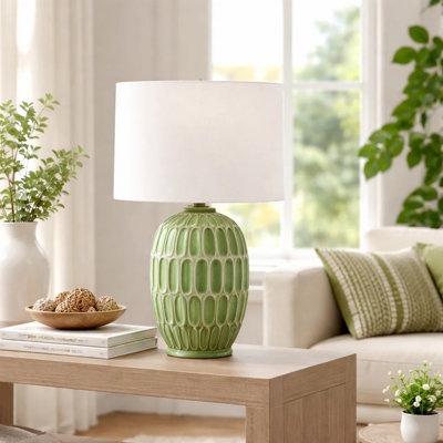 Ucio Table Lamp, 22 Inch, Geometric Green Ceramic Body, Ivory Shade