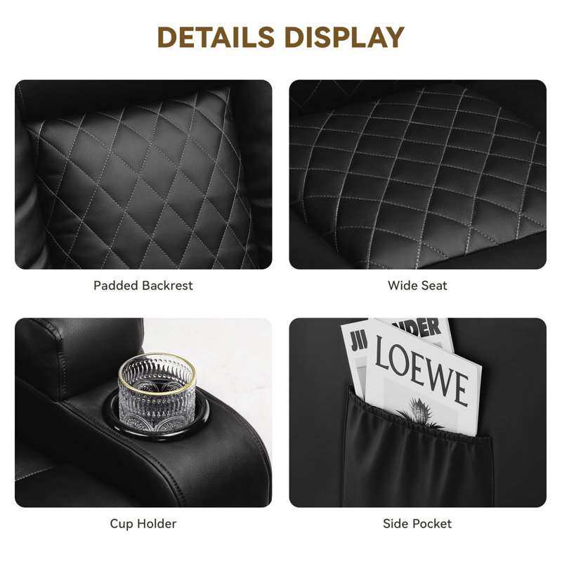 Saven 90cm Wide Swivel Home Theatre Recliner, Black