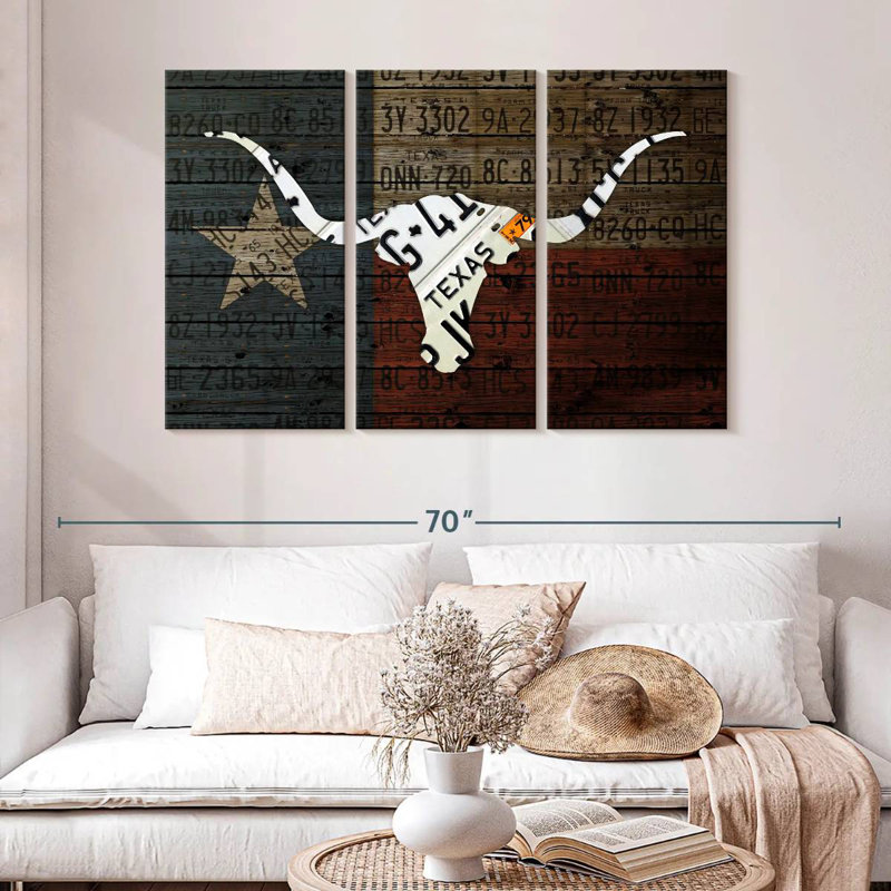 Art de Longhorn avec drapeau, H 32 po x l 50 po