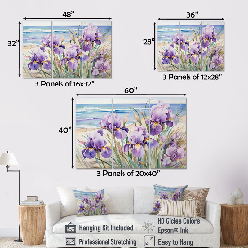 Iris mauves sur la plage - ensemble d'art sur toile Iris, Toile tendue, H 40 po x l 60 po x P 1 po