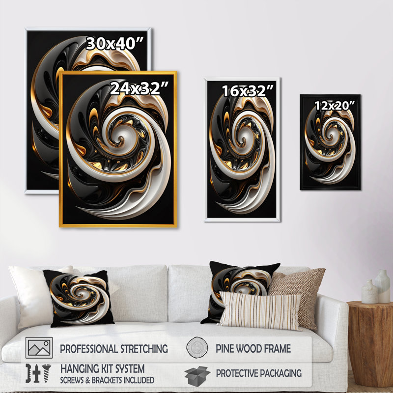 Or et noir vitrail spirale I - reproduction sur toile, H 32 po x l 24 po x P 1 po, Cadre flottant doré
