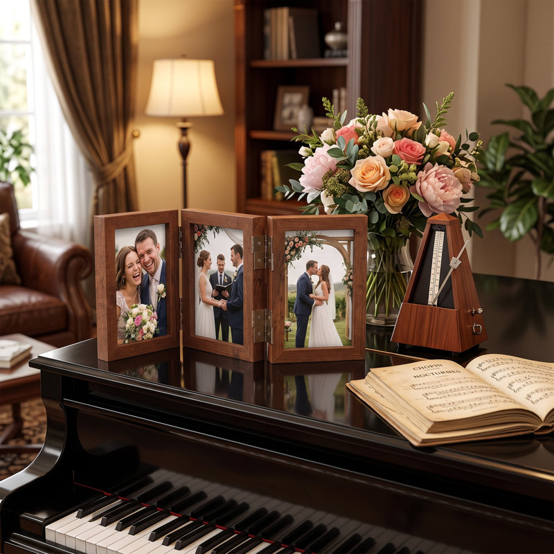 Cadre photo en bois à trois volets articulés, cadre photo pliable style livre, présentoir de table, 6.9" x 0.7" x 8.4"(W×D×H)