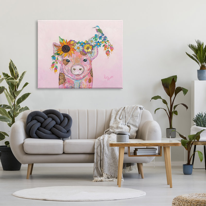Floral avec petit cochon et oiseau par Lisa Morales - Peinture, H 36 po x l 48 po x P 1,5 po, Toile tendue