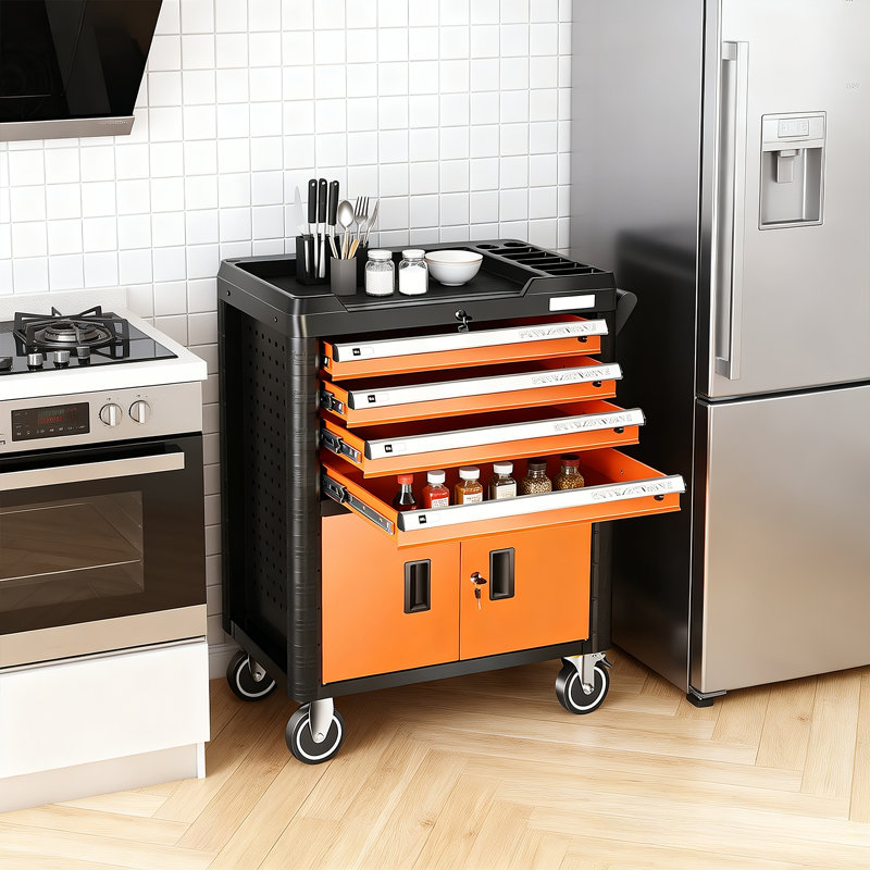 4-Drawer Rolling Tool Chest With Lock, Tool Cart Organizer With Tools Tray and Lower Storage Cabinet